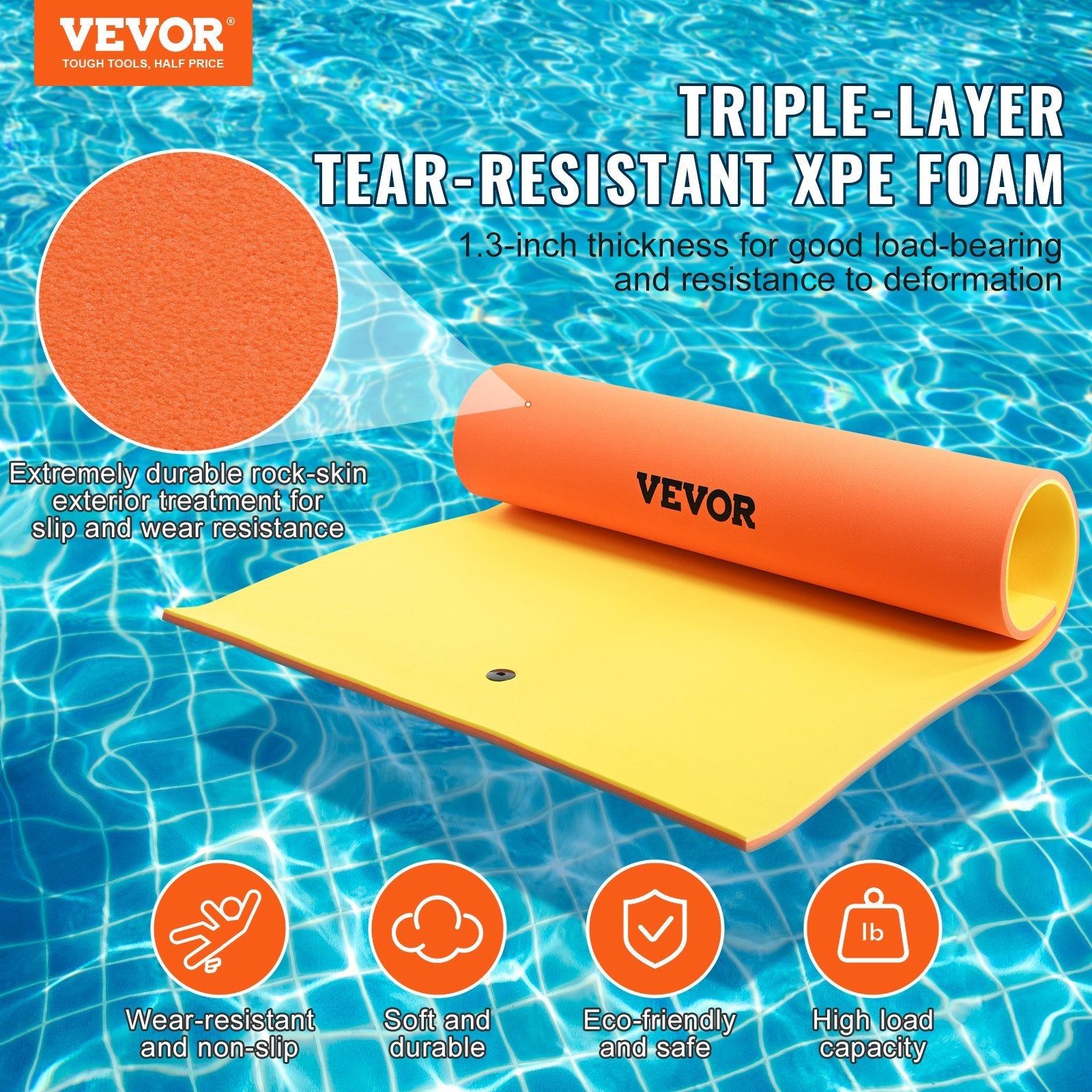 VEVOR Lily Pad Floating Mat, Large 9x6 FT Floating Water Pad, 3-Layer Floating Dock for Adults Kids, 1.3" Thick Tear-Resistant XPE Foam Raft, Floating Island for Lake, Pool, Ocean, Beach, and Boating