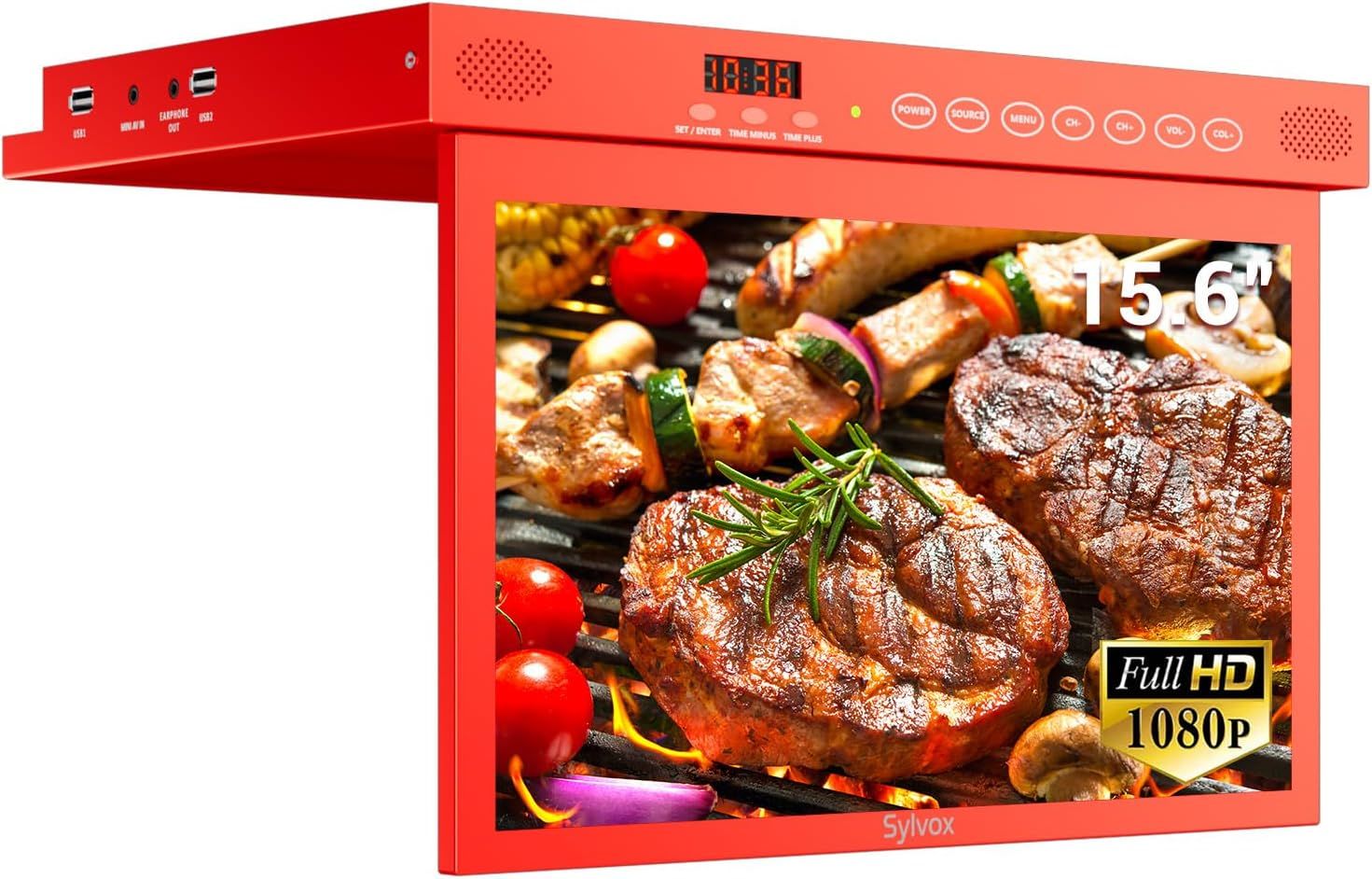 SYLVOX 15.6 inch Smart TV for Kitchen, 1080P RV TV Under Cabinet Television, Smart Android TV Rotated & Folded, Support Google Assistant WiFi Bluetooth, Small TV for Kitchen, Bedroom, RV Camper, Red