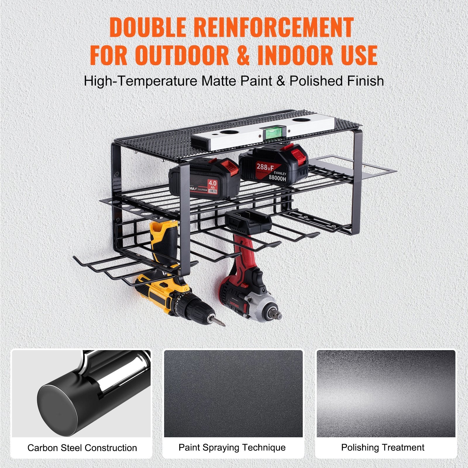 VEVOR Power Tool Organizer, 4 Slot, 3 Layers, Cordless Drill Holder Wall Mount, Battery Charging Station Storage Rack, Multi-Function Garage Organization, Heavy Duty Metal Shelf for Screwdriver Pliers
