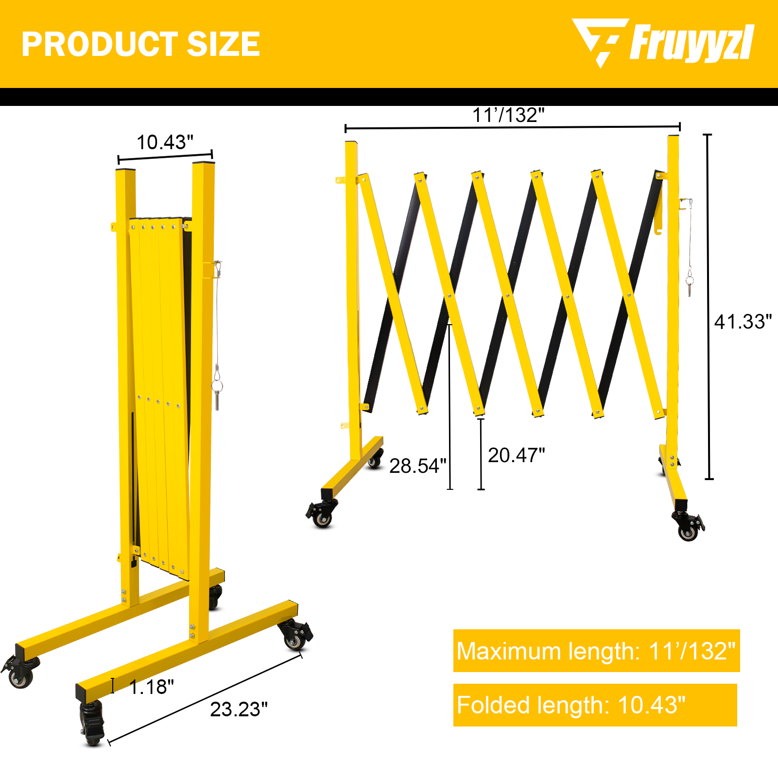 Metal Expandable Barricade,Folding Security Gate Safety Barrier with Casters,Mobile Barrier Gate, Adjustable Traffic Fence for Road Construction, Traffic Control,Cordon,Pool,Yellow Black