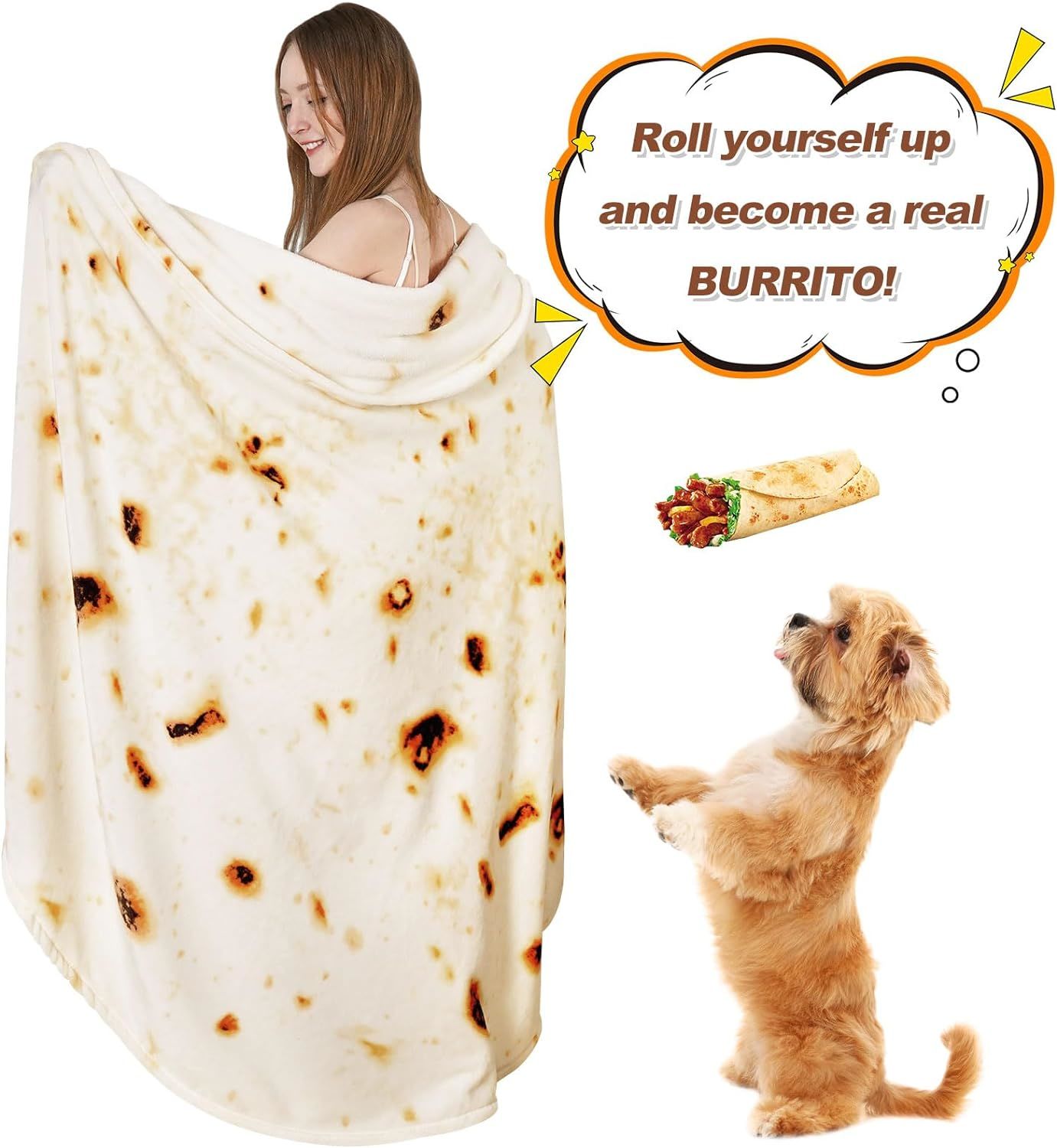 RAINBEAN 71IN Burritos Double Sided Blankets Adult Size, Tortilla Blanket for Kids, Cool Stuff Gifts for Man and Boys, Novelty Food Wrap Blanket, Taco Blankets for Birthday Gifts White Elephant