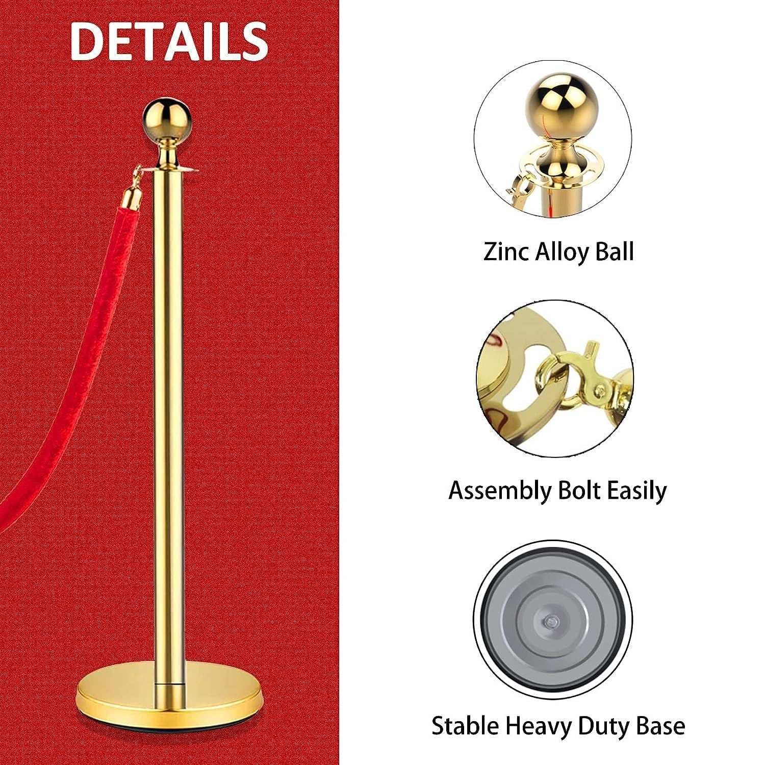 Stanchions and Velvet Ropes, Red Carpet Ropes and Poles, Crowd Control Barriers, 5 Ft/1.5 M Red Velvet Ropes, Stainless Steel Gold Stanchions Posts for Party Decorations, Movie Theater