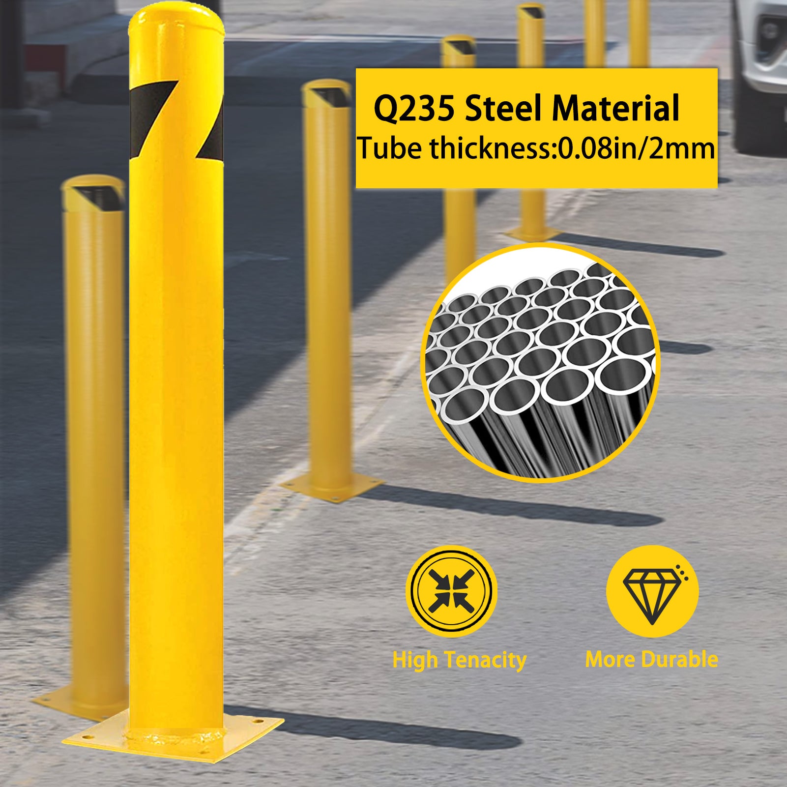 Bollard Post, Steel Bollards, Safety Bollard Yellow Powder Coated Parking Bollard Driveaway Barrier for Traffic-Sensitive Area, Garage or Parking Lot