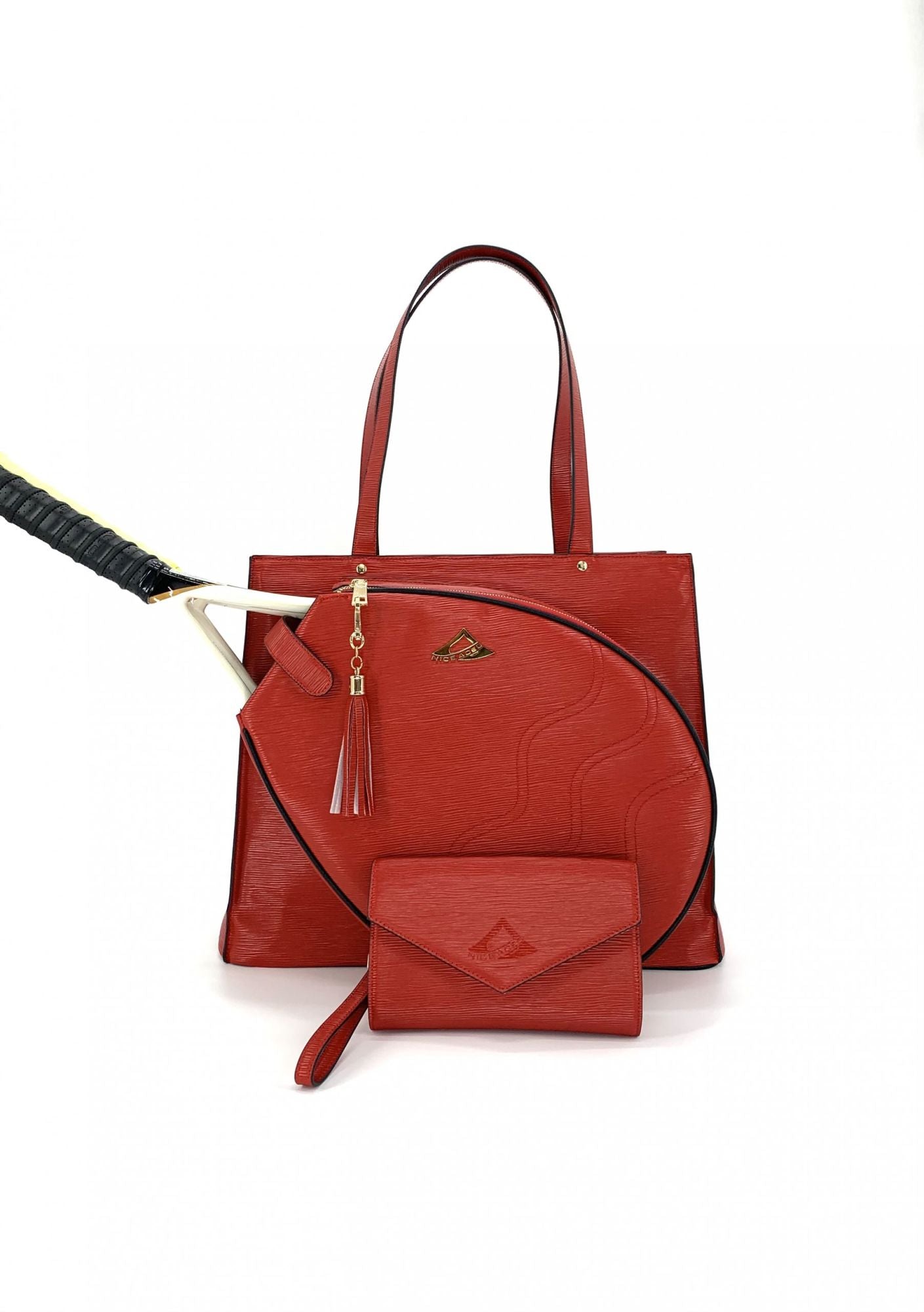 NiceAces MAYA COLLECTION TENNIS TOTE FOR TWO RACQUETS WITH A BEAUTIFUL CLUTCH; BOTTLE; CAN AND KEY HOLDERS
