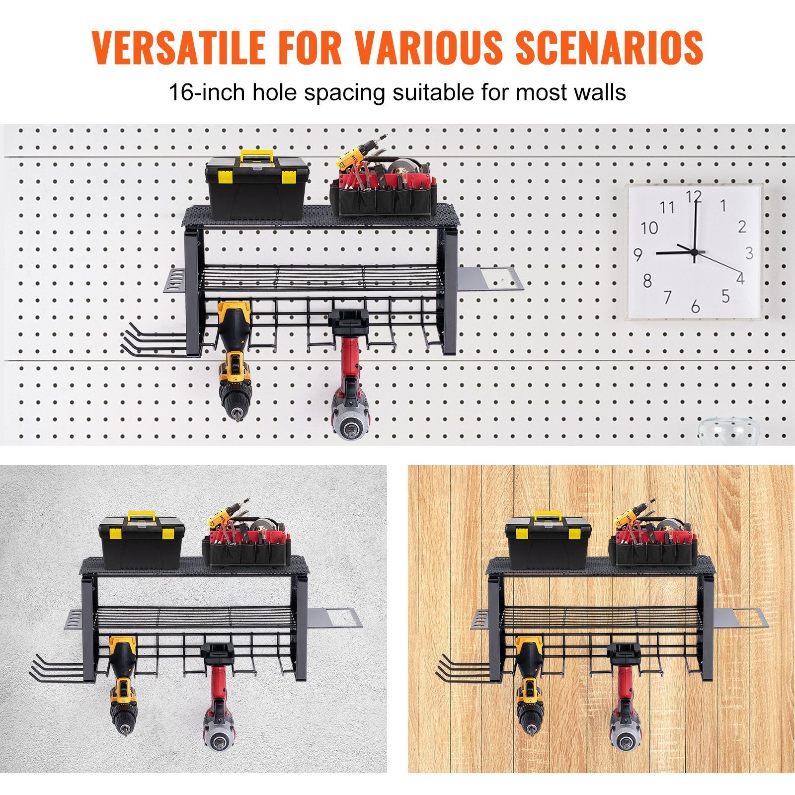 VEVOR Power Tool Organizer, 4 Slot, 3 Layers, Cordless Drill Holder Wall Mount, Battery Charging Station Storage Rack, Multi-Function Garage Organization, Heavy Duty Metal Shelf for Screwdriver Pliers