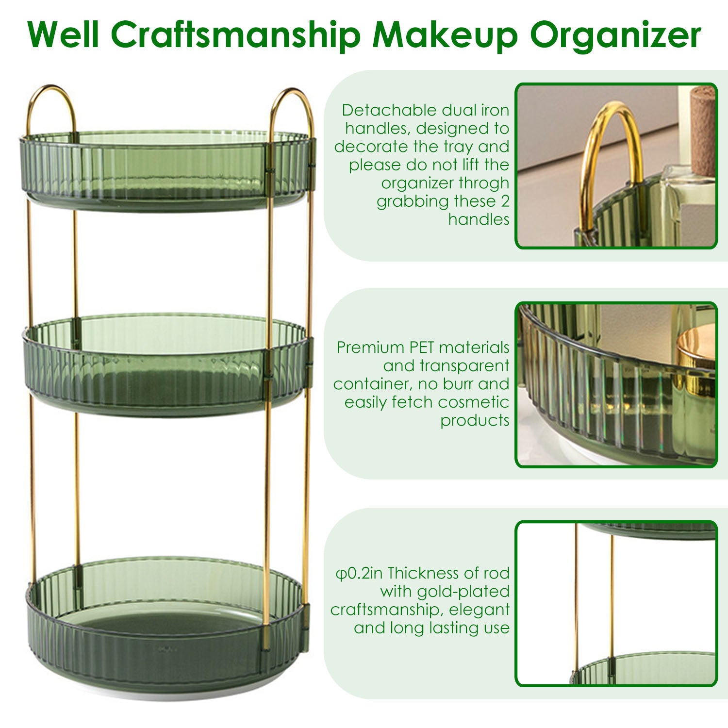 3 Tier Rotating Makeup Organizer 360° Spinning Perfume Cosmetic Storage Tray 55LBS Load Countertop Shelves for Lotion Lipstick