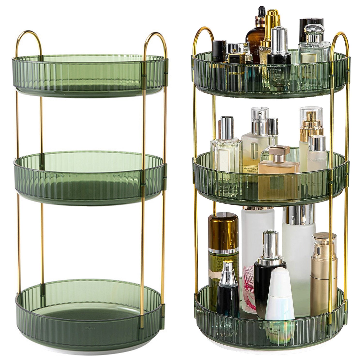 3 Tier Rotating Makeup Organizer 360° Spinning Perfume Cosmetic Storage Tray 55LBS Load Countertop Shelves for Lotion Lipstick