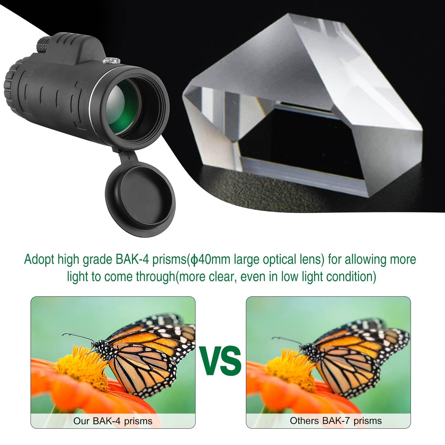 40x40 HD Optical Monocular Telescope w/ FMC Lens Low Light Vision Scope Phone Holder Tripod Compass