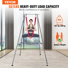 VEVOR Aerial Yoga Frame & Yoga Hammock, 9.67 ft Height Professional Yoga Swing Stand Comes with 6.6 Yards Aerial Hammock, Max 551.15 lbs Load Capacity, Yoga Rig for Indoor Outdoor Aerial Yoga, Red