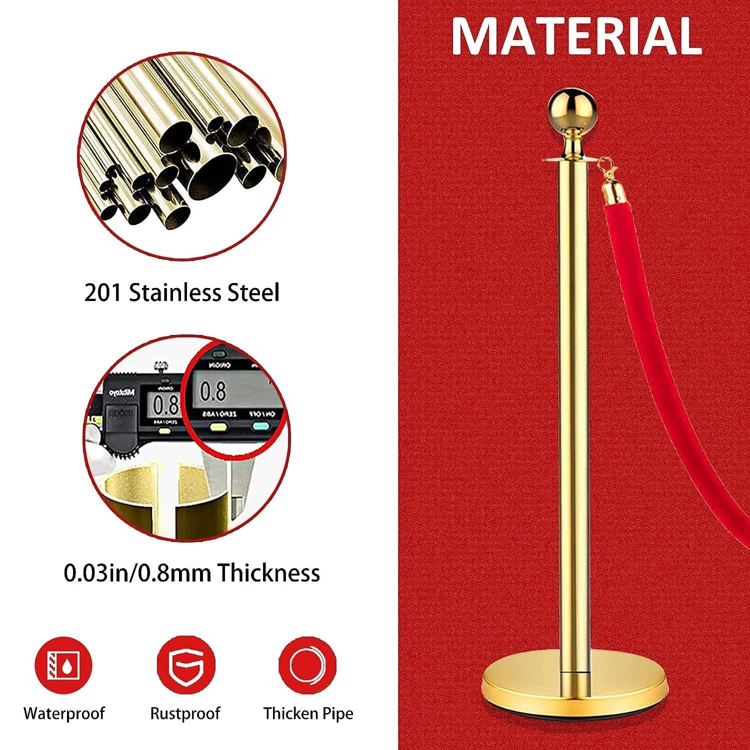 Stanchions and Velvet Ropes, Red Carpet Ropes and Poles, Crowd Control Barriers, 5 Ft/1.5 M Red Velvet Ropes, Stainless Steel Gold Stanchions Posts for Party Decorations, Movie Theater