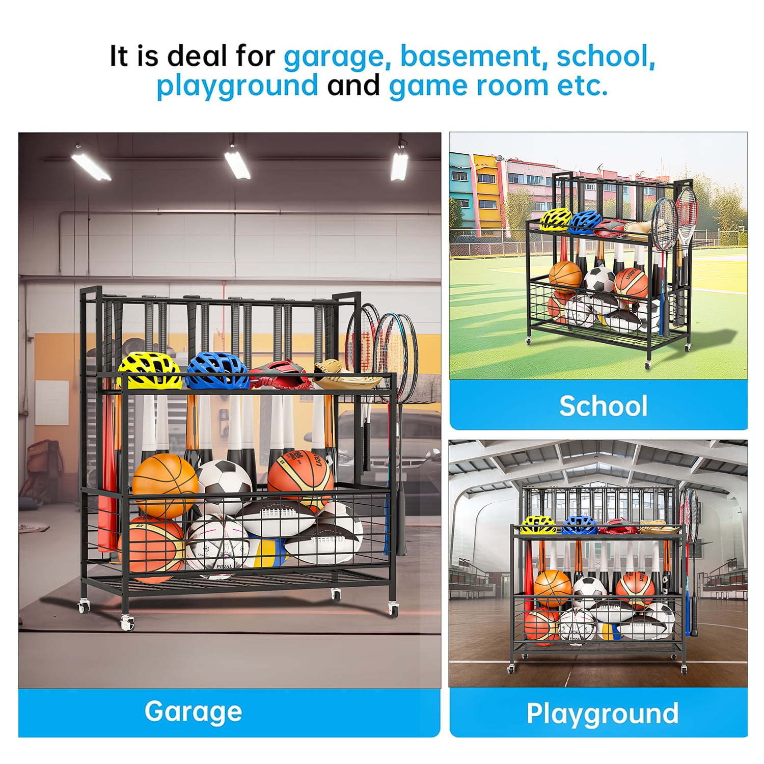 Sports Equipment Storage, Garage Sports Organizer, Baseball Bat Holder Holds 24 Bats Rolling Ball Cart with Wheels, Black