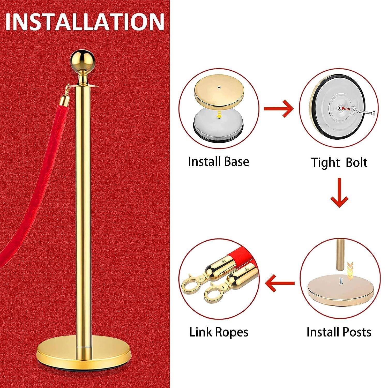 Stanchions and Velvet Ropes, Red Carpet Ropes and Poles, Crowd Control Barriers, 5 Ft/1.5 M Red Velvet Ropes, Stainless Steel Gold Stanchions Posts for Party Decorations, Movie Theater