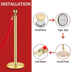 Stanchions and Velvet Ropes, Red Carpet Ropes and Poles, Crowd Control Barriers, 5 Ft/1.5 M Red Velvet Ropes, Stainless Steel Gold Stanchions Posts for Party Decorations, Movie Theater