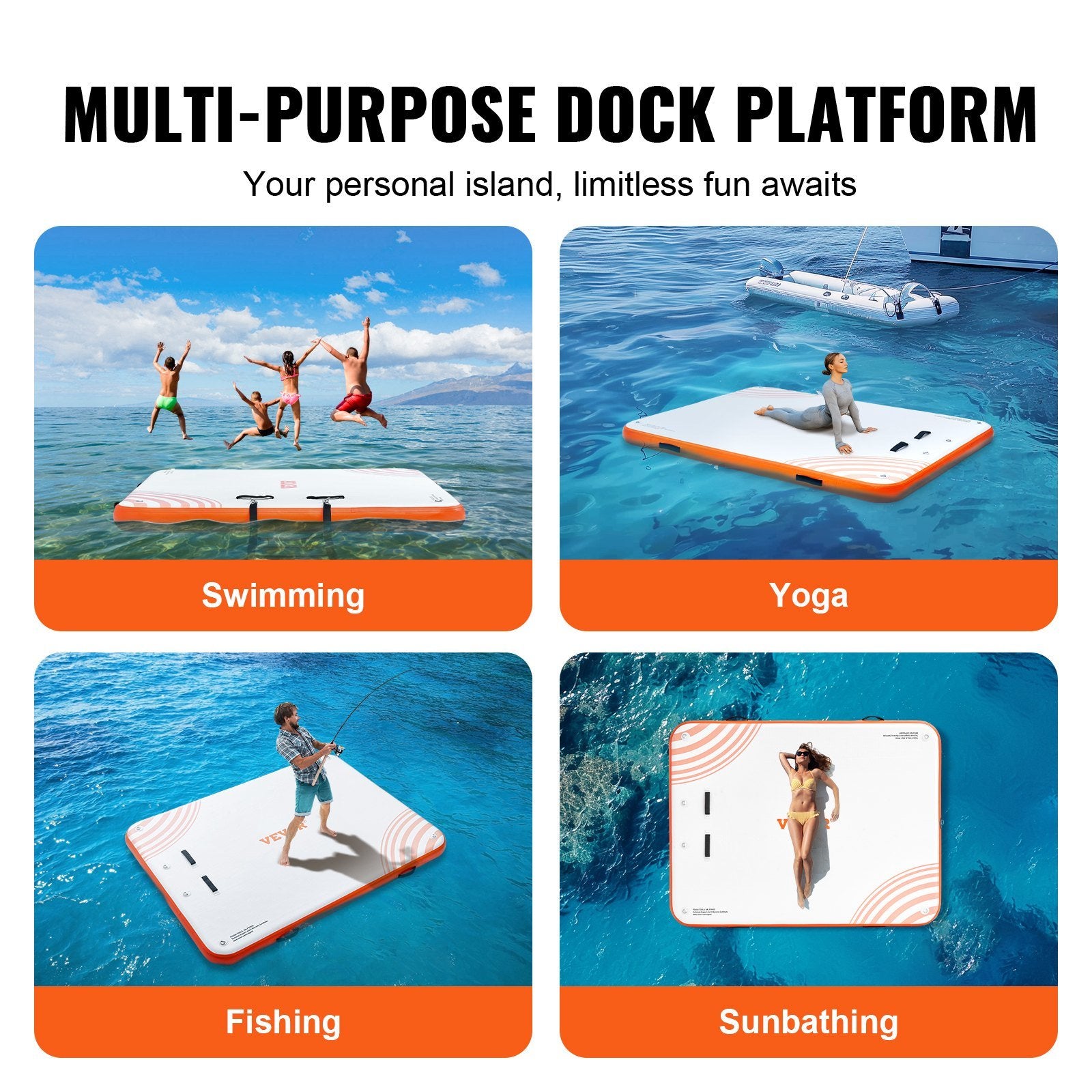 VEVOR Inflatable Floating Dock, 10 x 8FT Inflatable Dock Platform, Non-Slip Water Floating Dock Mat with Detachable Ladder & Portable Carrying Bag, Floating Platform Island Raft for Ocean Pool Beach