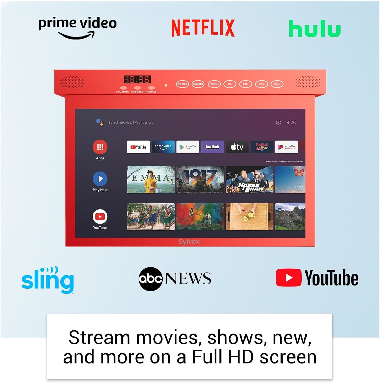 SYLVOX 15.6 inch Smart TV for Kitchen, 1080P RV TV Under Cabinet Television, Smart Android TV Rotated & Folded, Support Google Assistant WiFi Bluetooth, Small TV for Kitchen, Bedroom, RV Camper, Red