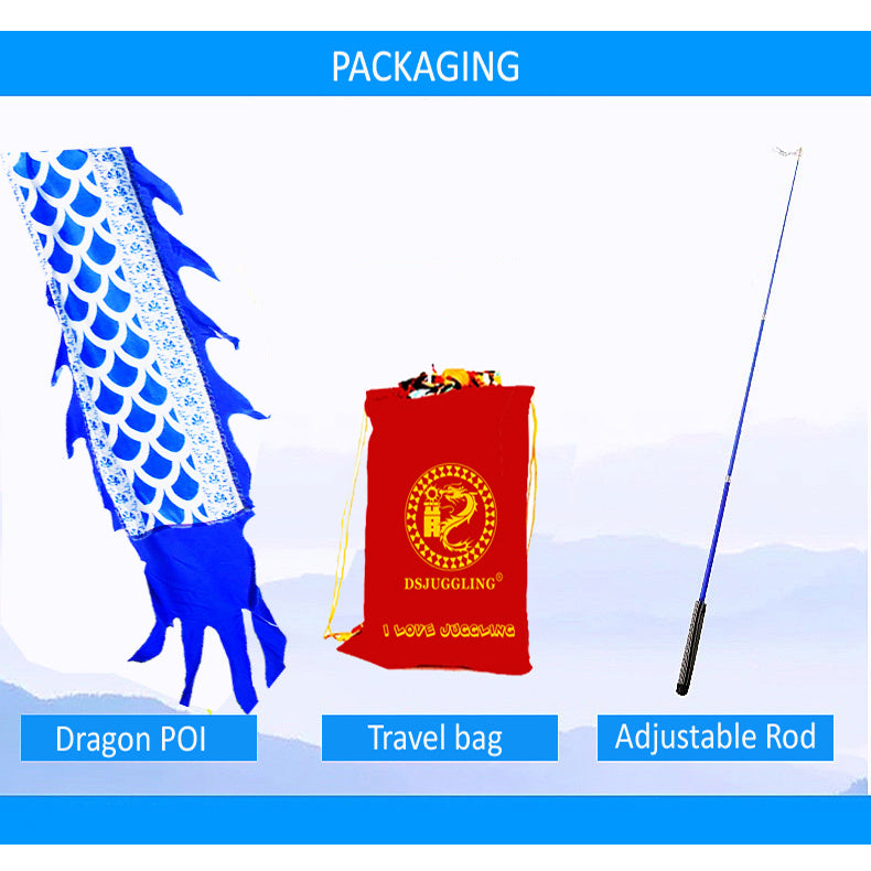 3D Colorful Dragon Silk-Like Flowy Spinning & Shaking Poi - Flinging The Dragon Spiral Practice Ribbon Streamer with Fiberglass Handsticks + Travel Bag!