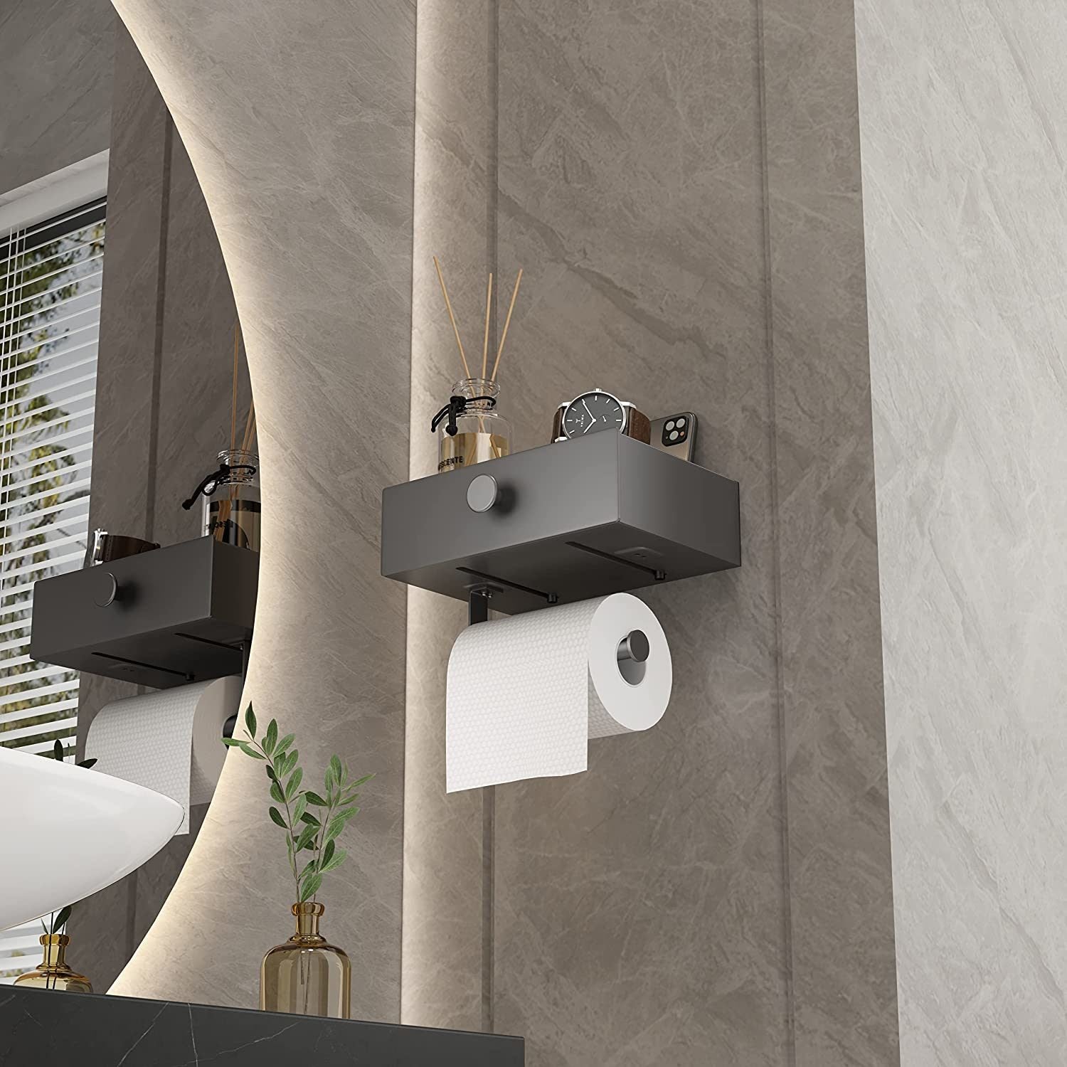 Toilet Paper Holder with Shelf Black Wipes Dispenser for Bathroom Stainless Steel Toilet Paper Holder with Storage Drawer Adhesive Wall Mount Small Bathroom