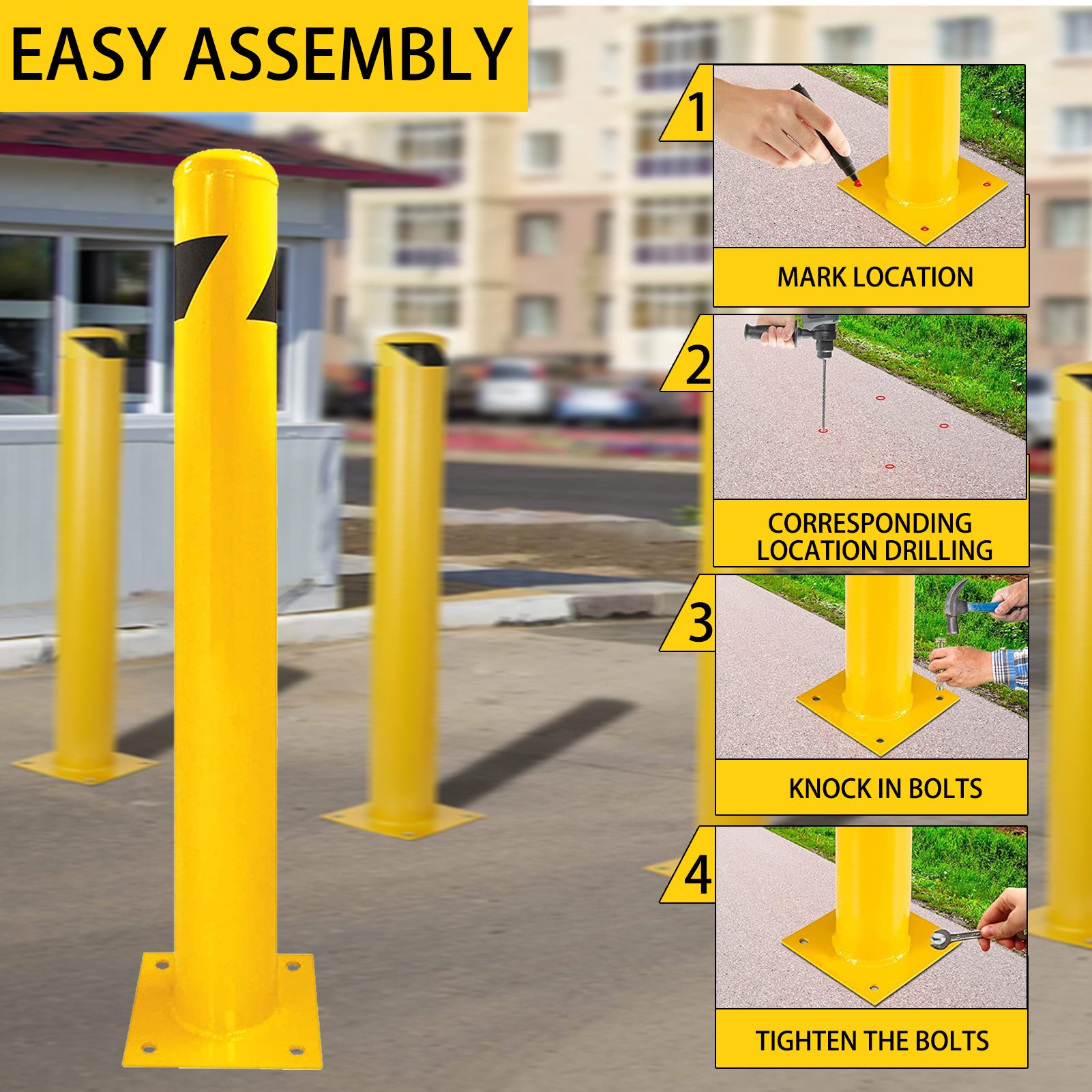 Bollard Post, Steel Bollards, Safety Bollard Yellow Powder Coated Parking Bollard Driveaway Barrier for Traffic-Sensitive Area, Garage or Parking Lot