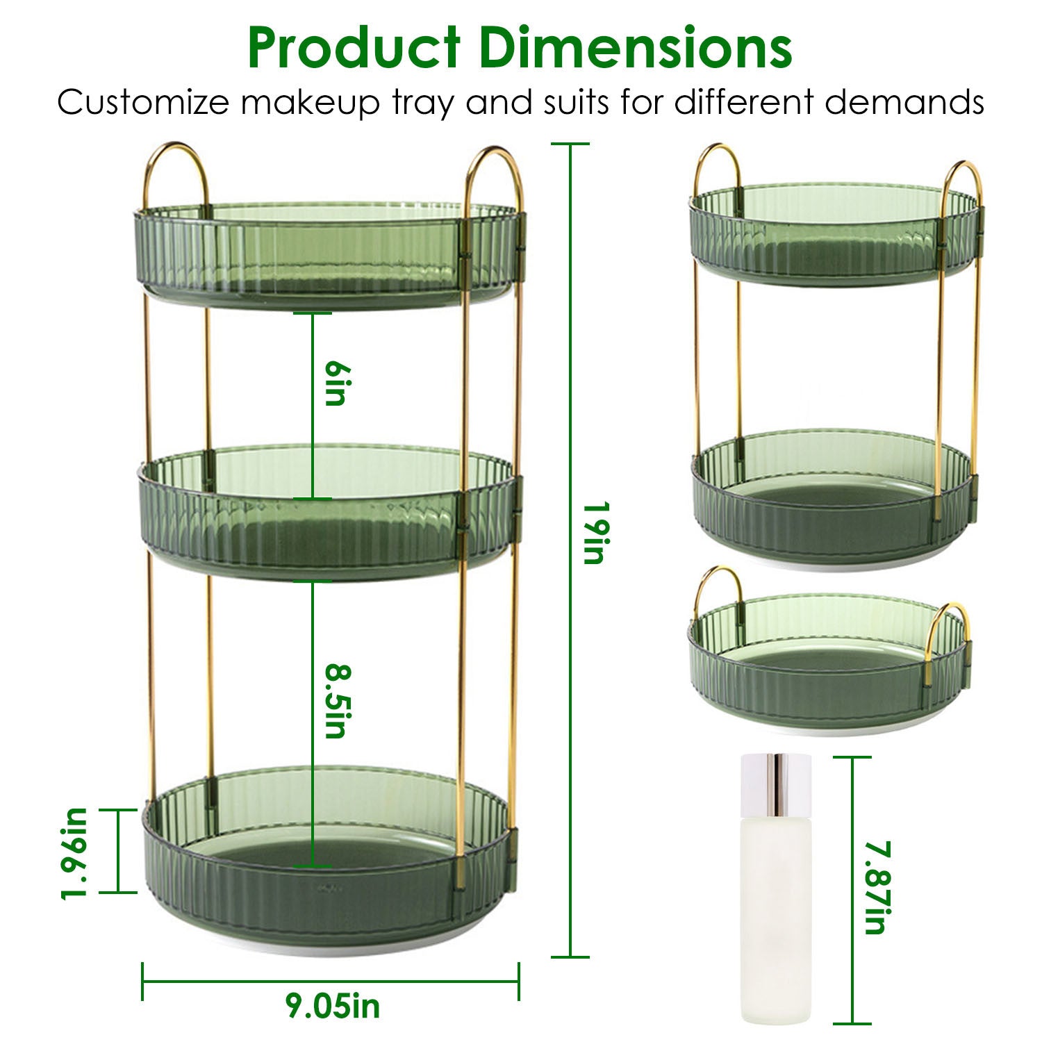 3 Tier Rotating Makeup Organizer 360° Spinning Perfume Cosmetic Storage Tray 55LBS Load Countertop Shelves for Lotion Lipstick