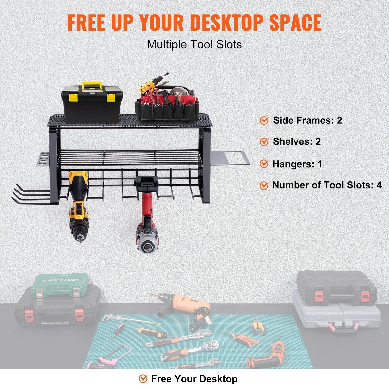 VEVOR Power Tool Organizer, 4 Slot, 3 Layers, Cordless Drill Holder Wall Mount, Battery Charging Station Storage Rack, Multi-Function Garage Organization, Heavy Duty Metal Shelf for Screwdriver Pliers