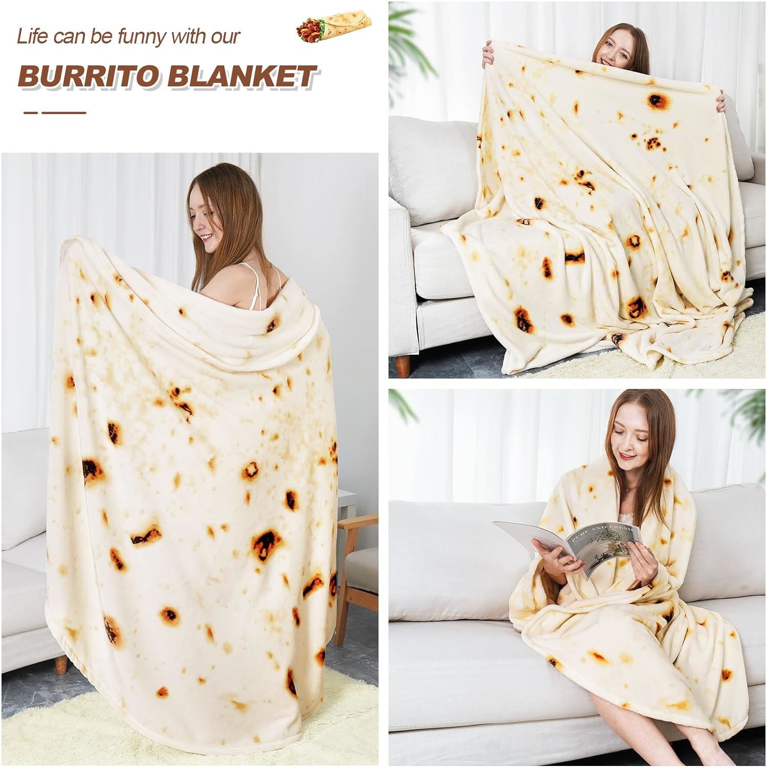 RAINBEAN 71IN Burritos Double Sided Blankets Adult Size, Tortilla Blanket for Kids, Cool Stuff Gifts for Man and Boys, Novelty Food Wrap Blanket, Taco Blankets for Birthday Gifts White Elephant
