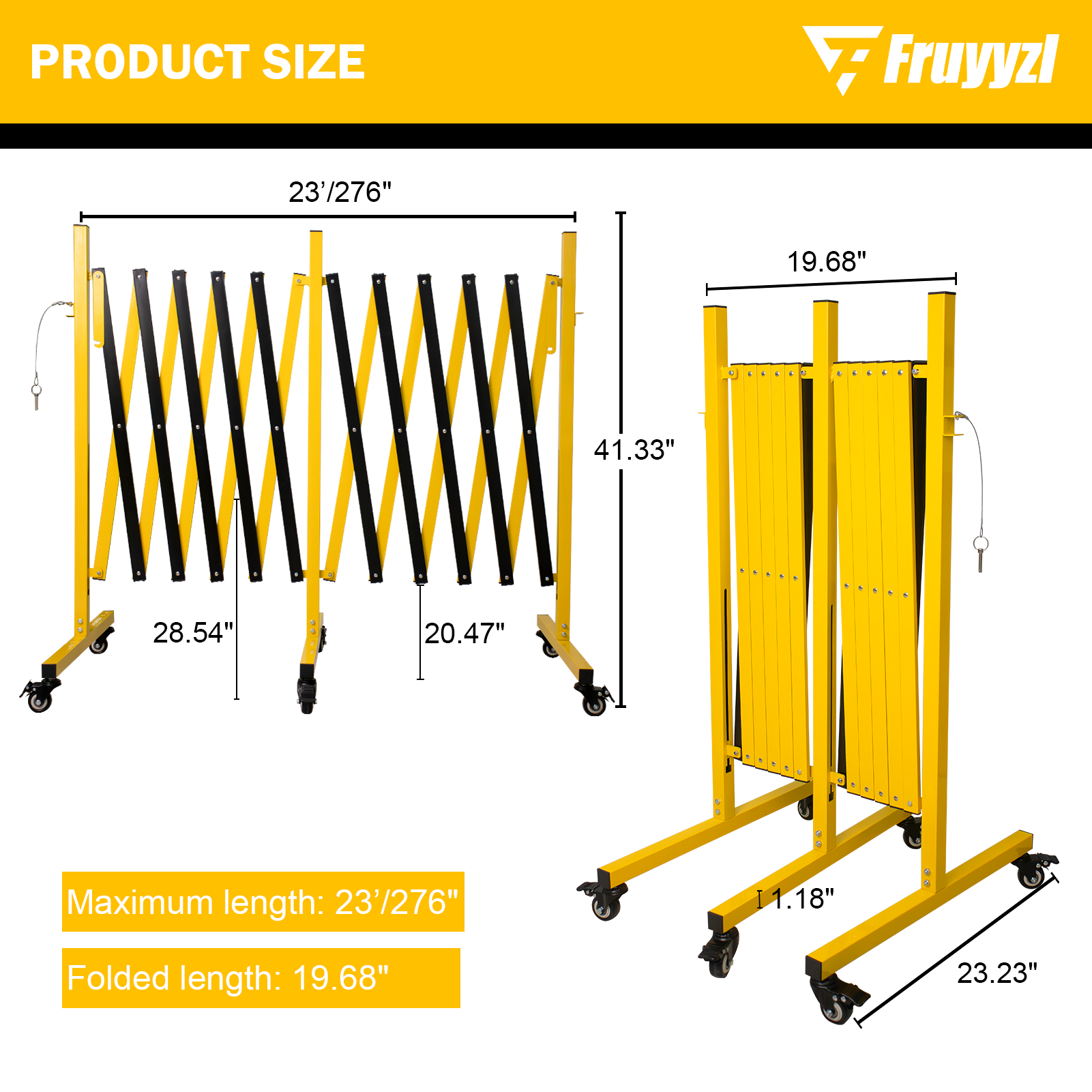 Metal Expandable Barricade,Folding Security Gate Safety Barrier with Casters,Mobile Barrier Gate, Adjustable Traffic Fence for Road Construction, Traffic Control,Cordon,Pool,Yellow Black
