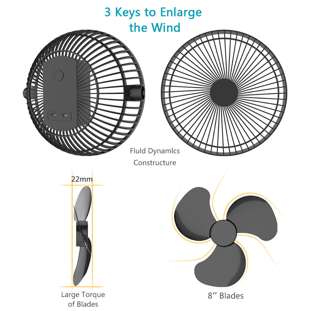 10000mAh Rechargeable Portable;  8-Inch Battery Operated Clip on Fan;  USB;  4 Speeds;  Strong Airflow;  Sturdy Clamp for Office Desk Golf Car Outdoor Travel Camping Tent Gym Treadmill