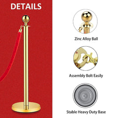Stanchions and Velvet Ropes, Red Carpet Ropes and Poles, Crowd Control Barriers, 5 Ft/1.5 M Red Velvet Ropes, Stainless Steel Gold Stanchions Posts for Party Decorations, Movie Theater