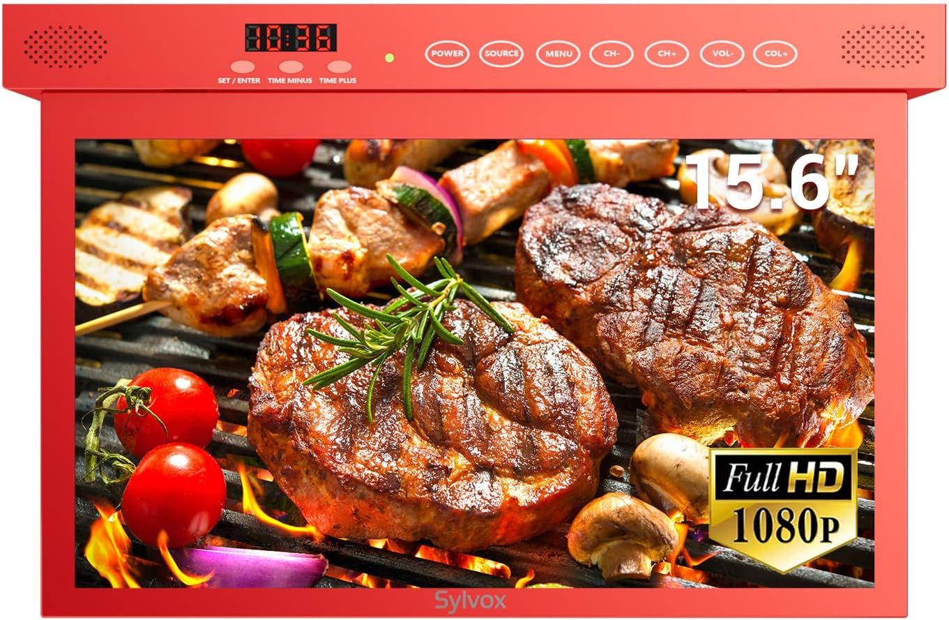 SYLVOX 15.6 inch Smart TV for Kitchen, 1080P RV TV Under Cabinet Television, Smart Android TV Rotated & Folded, Support Google Assistant WiFi Bluetooth, Small TV for Kitchen, Bedroom, RV Camper, Red