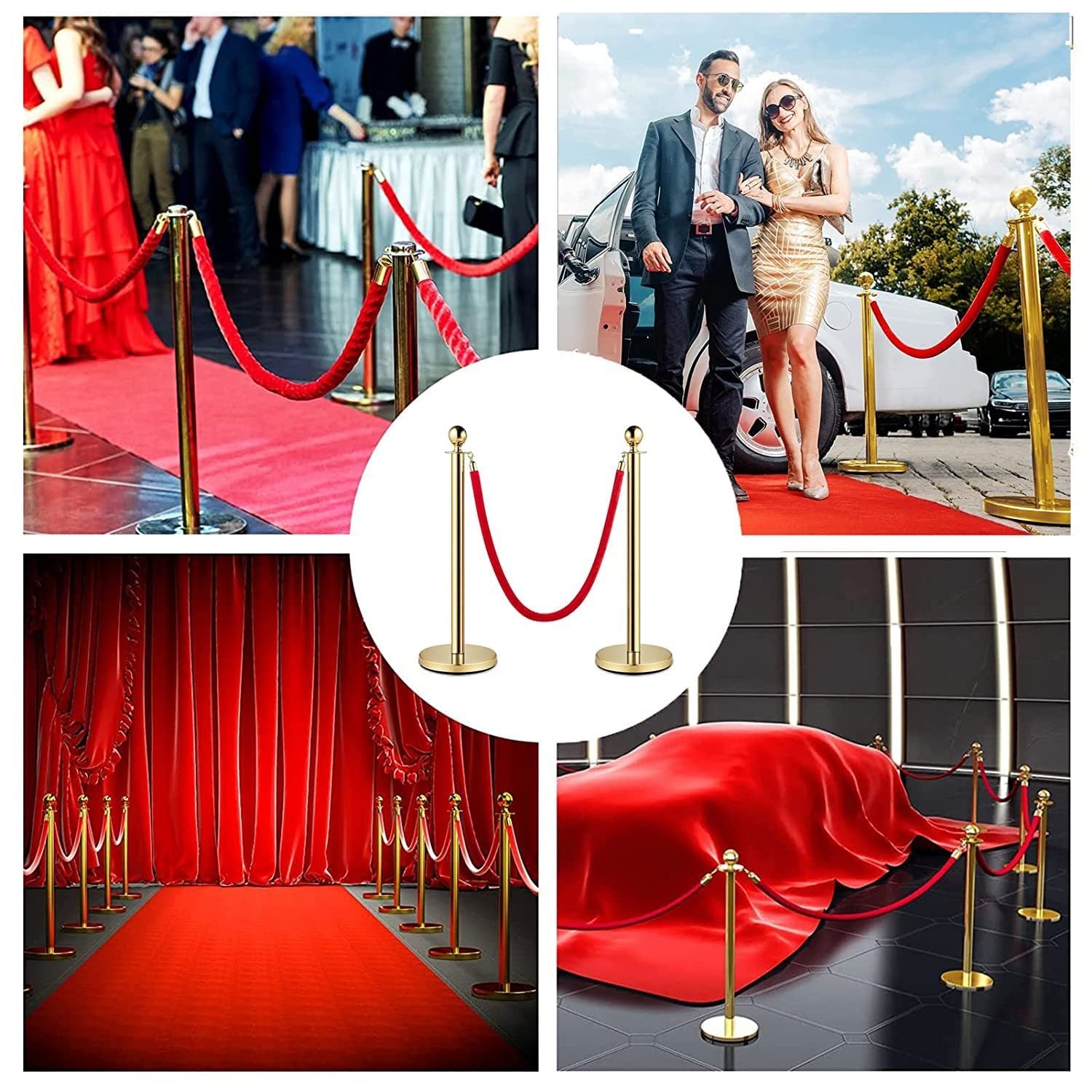 Stanchions and Velvet Ropes, Red Carpet Ropes and Poles, Crowd Control Barriers, 5 Ft/1.5 M Red Velvet Ropes, Stainless Steel Gold Stanchions Posts for Party Decorations, Movie Theater