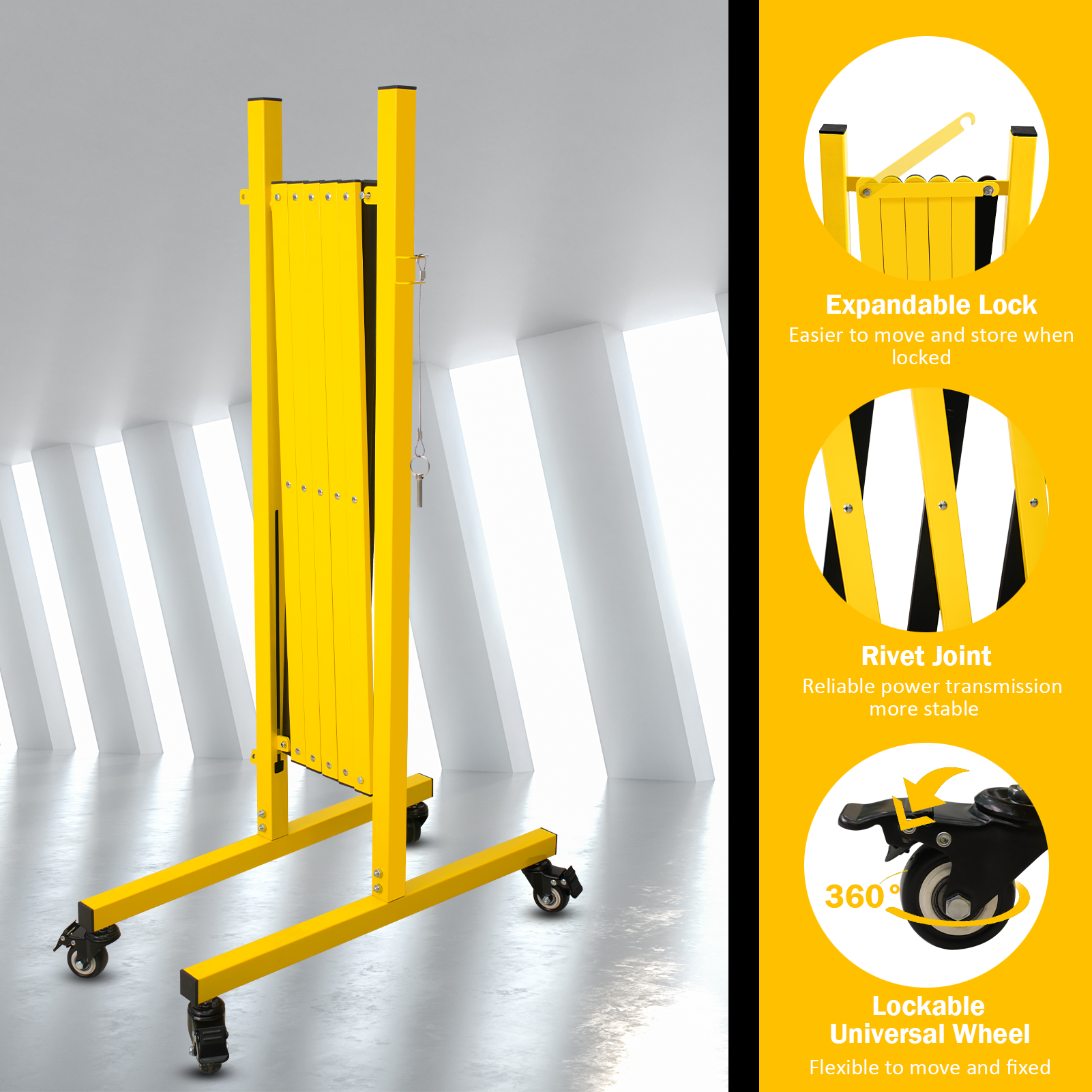 Metal Expandable Barricade,Folding Security Gate Safety Barrier with Casters,Mobile Barrier Gate, Adjustable Traffic Fence for Road Construction, Traffic Control,Cordon,Pool,Yellow Black