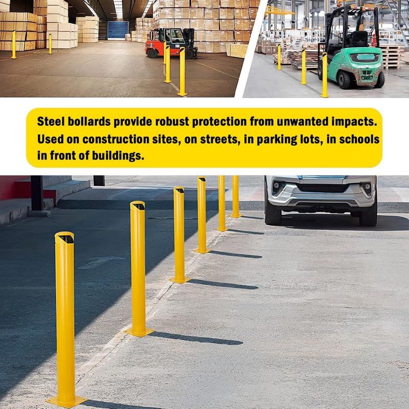 Bollard Post, Steel Bollards, Safety Bollard Yellow Powder Coated Parking Bollard Driveaway Barrier for Traffic-Sensitive Area, Garage or Parking Lot