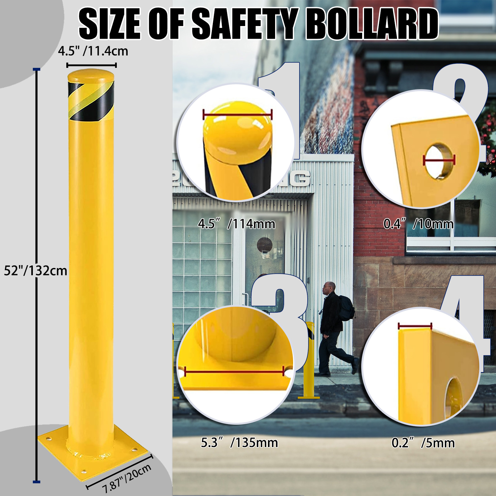 Bollard Post, Steel Bollards, Safety Bollard Yellow Powder Coated Parking Bollard Driveaway Barrier for Traffic-Sensitive Area, Garage or Parking Lot