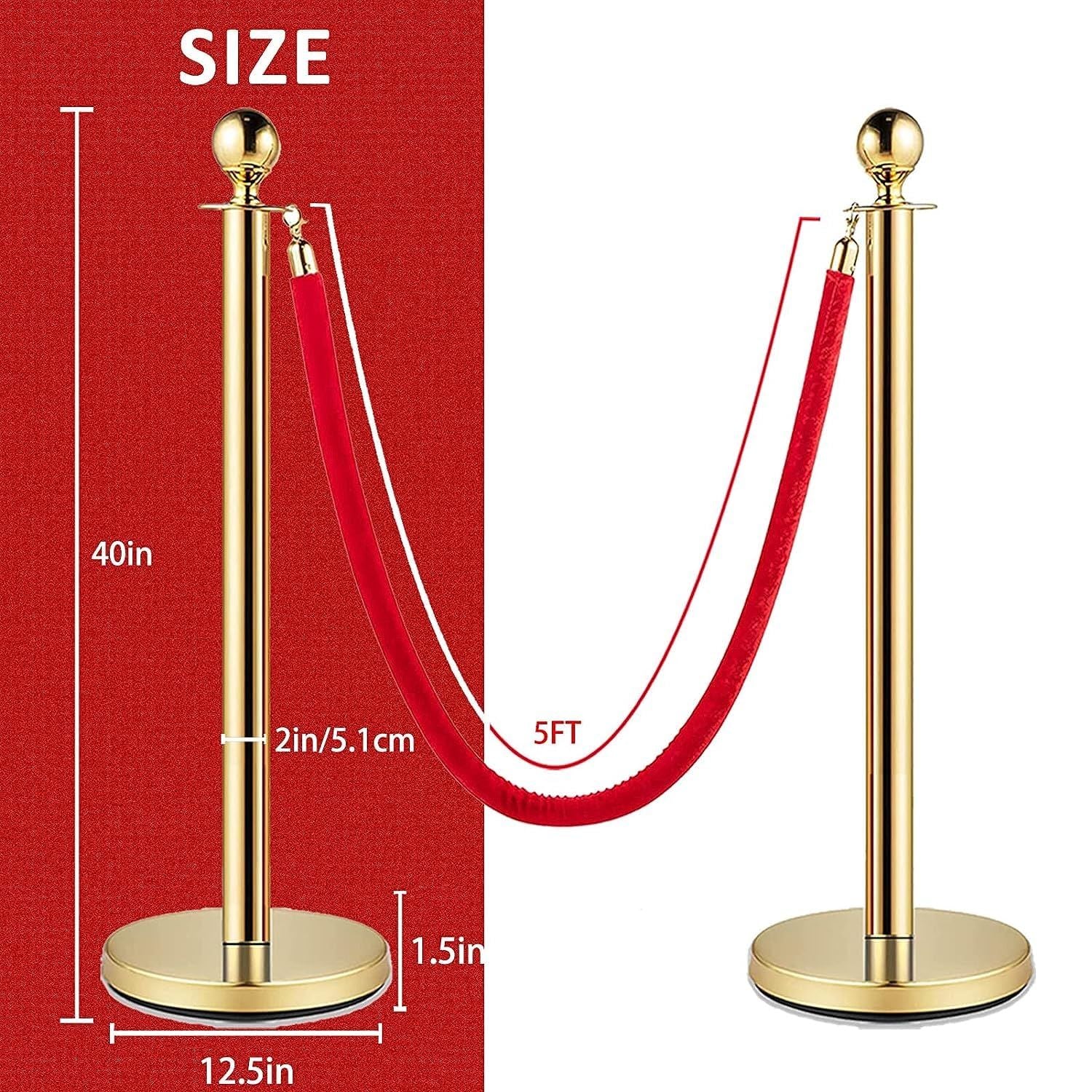 Stanchions and Velvet Ropes, Red Carpet Ropes and Poles, Crowd Control Barriers, 5 Ft/1.5 M Red Velvet Ropes, Stainless Steel Gold Stanchions Posts for Party Decorations, Movie Theater