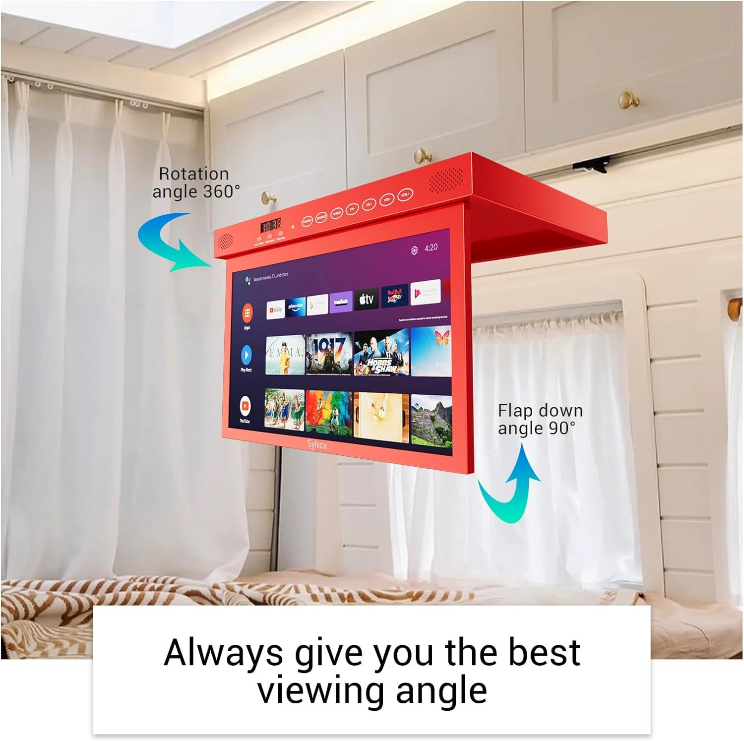 SYLVOX 15.6 inch Smart TV for Kitchen, 1080P RV TV Under Cabinet Television, Smart Android TV Rotated & Folded, Support Google Assistant WiFi Bluetooth, Small TV for Kitchen, Bedroom, RV Camper, Red