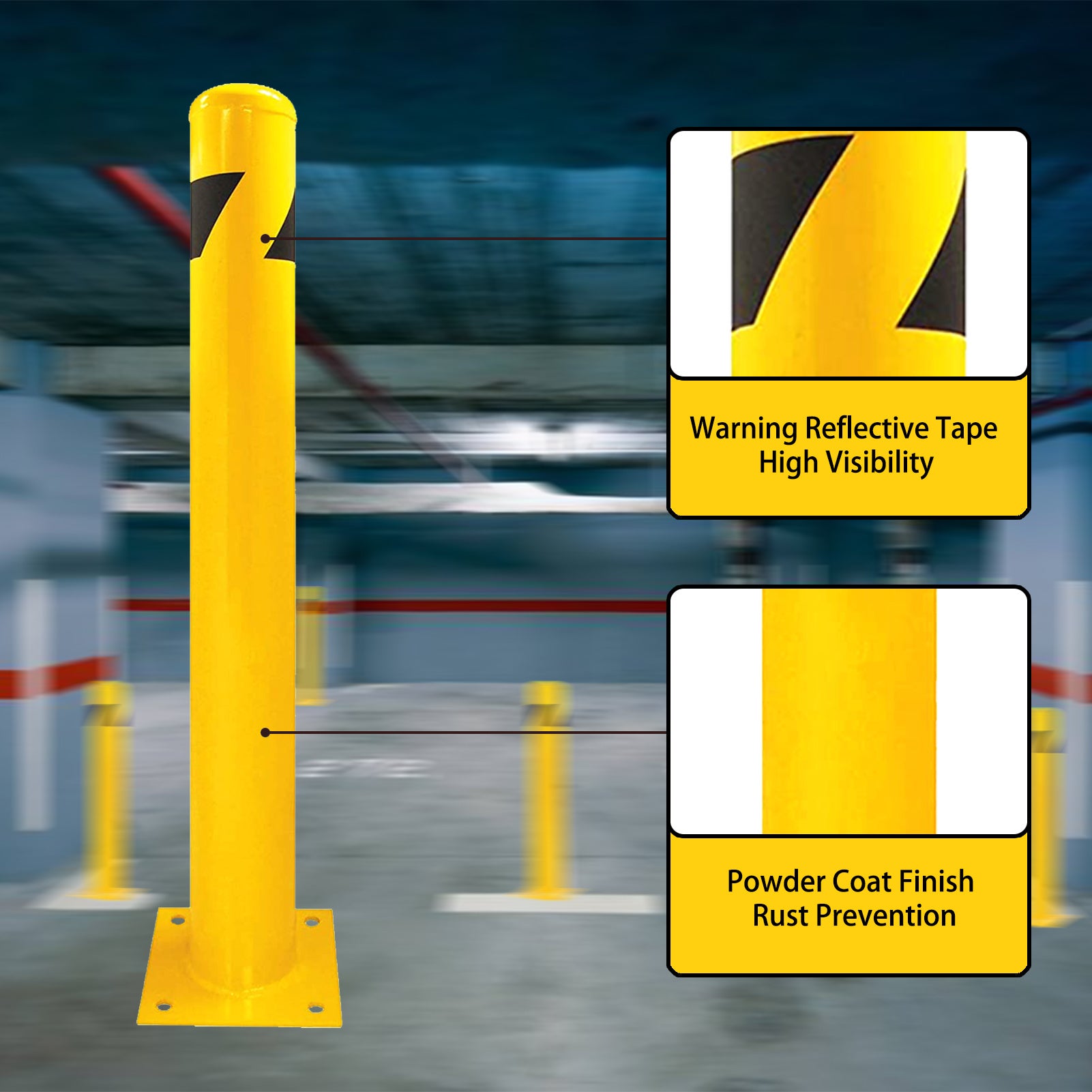 Bollard Post, Steel Bollards, Safety Bollard Yellow Powder Coated Parking Bollard Driveaway Barrier for Traffic-Sensitive Area, Garage or Parking Lot
