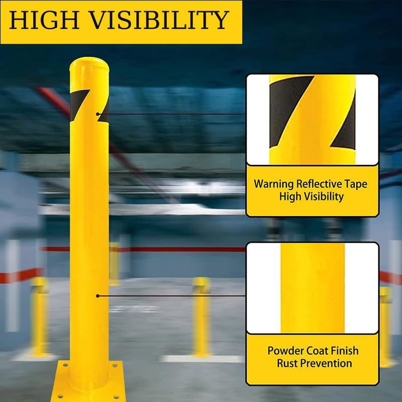 Bollard Post, Steel Bollards, Safety Bollard Yellow Powder Coated Parking Bollard Driveaway Barrier for Traffic-Sensitive Area, Garage or Parking Lot