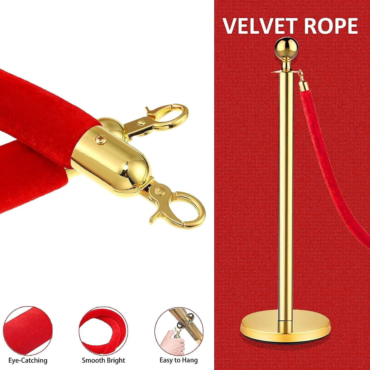 Stanchions and Velvet Ropes, Red Carpet Ropes and Poles, Crowd Control Barriers, 5 Ft/1.5 M Red Velvet Ropes, Stainless Steel Gold Stanchions Posts for Party Decorations, Movie Theater
