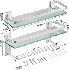 Glass Bathroom Shelf 15.7in Bathroom Shelf Wall Mounted Floating Glass Shelves with Towel Holder Glass Shower Shelf 2 Tier