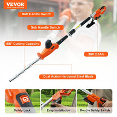 VEVOR 20V Cordless Hedge Trimmer, 18 inch Double-edged Steel Blade, Pole Hedge Trimmer Kit 20V Battery, Fast Charger Included, 74"-94" Telescoping Design for High Branches