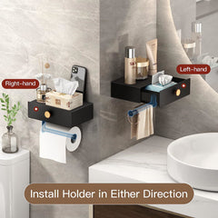 Toilet Paper Holder with Shelf Black Wipes Dispenser for Bathroom Stainless Steel Toilet Paper Holder with Storage Drawer Adhesive Wall Mount Small Bathroom