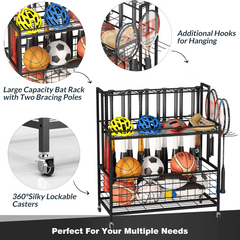 Sports Equipment Storage, Garage Sports Organizer, Baseball Bat Holder Holds 24 Bats Rolling Ball Cart with Wheels, Black