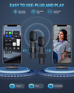 Wireless Lavalier Lapel Microphone for iPhone 15 Series/Android/Computer - Bluetooth Mini Phone Microphones for Video Recording - 2 Clip on Mics with USB C Interface for Tiktok YouTube Vlog