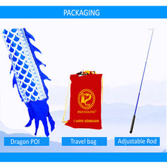 3D Colorful Dragon Silk-Like Flowy Spinning & Shaking Poi - Flinging The Dragon Spiral Practice Ribbon Streamer with Fiberglass Handsticks + Travel Bag!