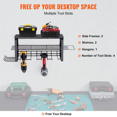 VEVOR Power Tool Organizer, 4 Slot, 3 Layers, Cordless Drill Holder Wall Mount, Battery Charging Station Storage Rack, Multi-Function Garage Organization, Heavy Duty Metal Shelf for Screwdriver Pliers