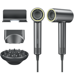 High Speed Hair Dryer with Diffuser, 110000RPM Negative Ionic Professional Various Magnetic Nozzle Concentrator Stand Travel Mini for Curly Portable Small Professional Gray Salon brushless Motor
