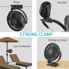 10000mAh Rechargeable Portable;  8-Inch Battery Operated Clip on Fan;  USB;  4 Speeds;  Strong Airflow;  Sturdy Clamp for Office Desk Golf Car Outdoor Travel Camping Tent Gym Treadmill